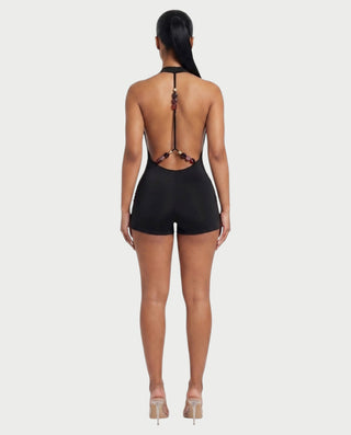 NISHKA Halter Draped Beaded Open-Back Romper