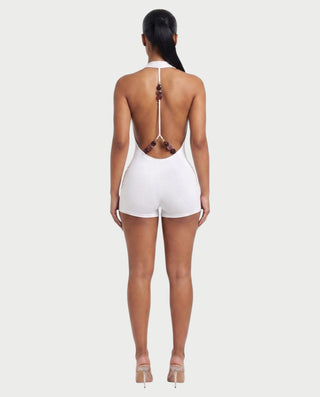 NISHKA Halter Draped Beaded Open-Back Romper