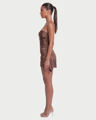 YULA Ruched Bodice Flared Mini Dress