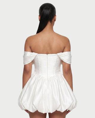 LESSY Pearl Draped Off-Shoulder Bubble Mini Dress