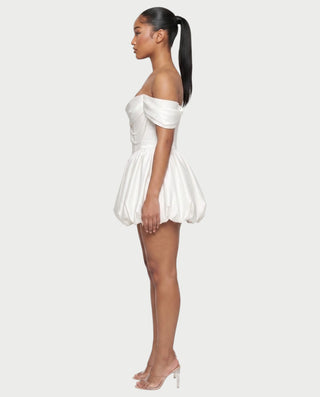LESSY Pearl Draped Off-Shoulder Bubble Mini Dress