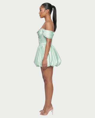 LESSY Pearl Draped Off-Shoulder Bubble Mini Dress