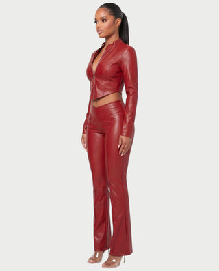 VEXARA Zip-Up Faux Leather Jacket & Flared Pants Set