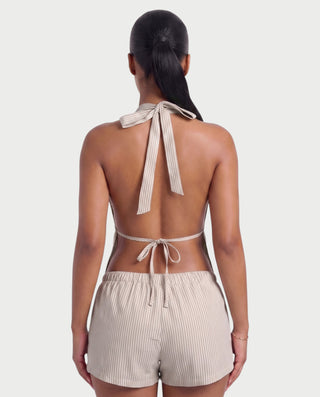 HARIYA Striped Halter Peplum Top & Shorts Set