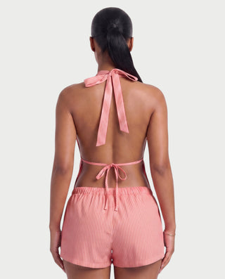 HARIYA Striped Halter Peplum Top & Shorts Set