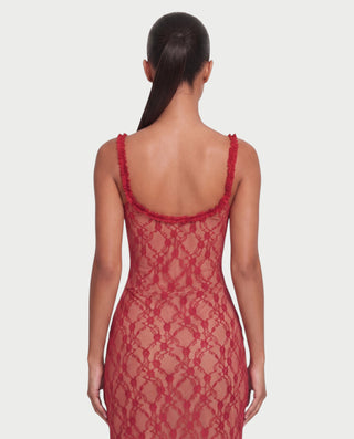 ADELISE Lace Mesh Ruffle Hem Midi Dress