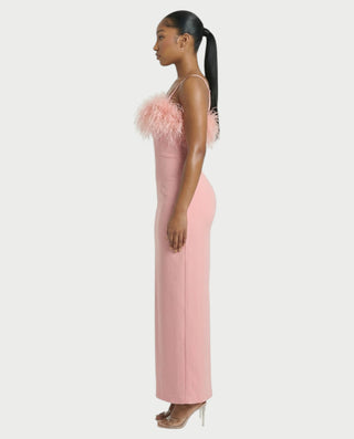 KREYA Feather Trim Bodycon Maxi Dress