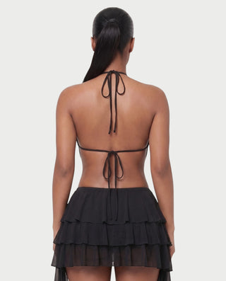 MARVILA Halter Drape Top & Sheer Ruffle Mini Skirt Set