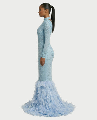 SOSANE Diamond High-Neck Feather Mermaid Maxi Dress