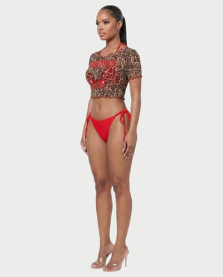 ZALMA Leopard Mesh Top & Triangle Bikini Three-Piece Set
