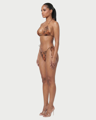 MIRAYA Tiger Print Beaded Triangle Tie-Side Bikini Set