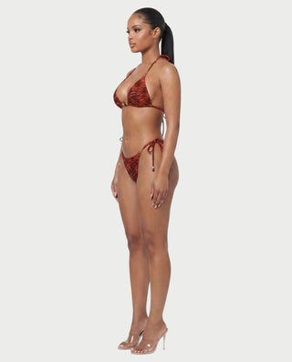 MIRAYA Tiger Print Beaded Triangle Tie-Side Bikini Set