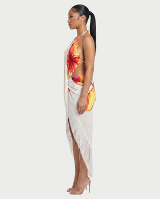 ZAREVA Tropical Floral Tassel Backless Maxi Dress