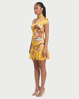 VALENZA Floral Crane Collar Ruffle Hem Mini Dress