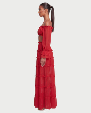 TALSIE Ruffle Off-Shoulder Top & Tiered Maxi Skirt Set