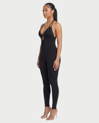APHELIA Studded Plunge Halter Open-Back Top