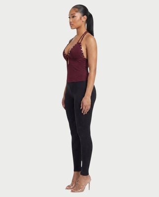 APHELIA Studded Plunge Halter Open-Back Top