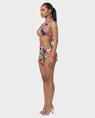 ARLITA Abstract Print Halter Bra Top & Mini Shorts Set