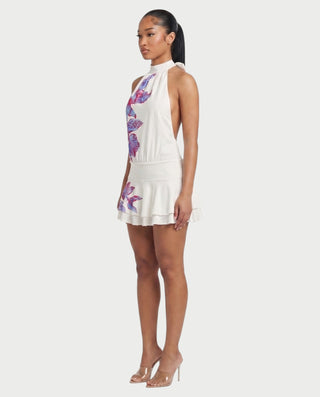 MARISE Floral Open-Back Ruffle Hem Mini Dress