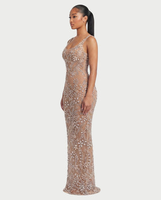 LATTIA Crystal Rhinestone Floral Scoop-Back Bodycon Maxi Dress