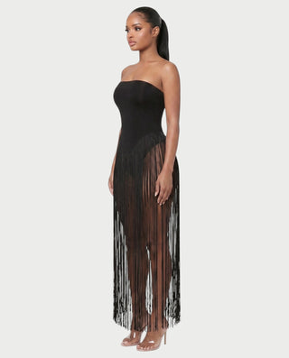 CALARA Strapless Tassel Bodycon Maxi Dress