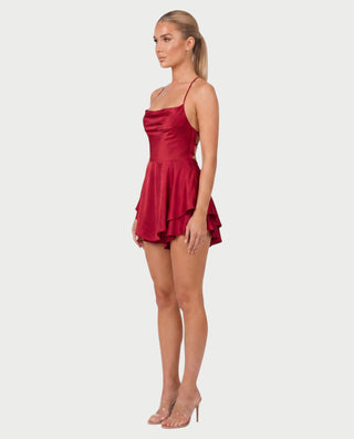 TANIYA Satin Lace-Up Open-Back Mini Dress