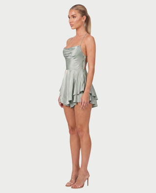 TANIYA Satin Lace-Up Open-Back Mini Dress