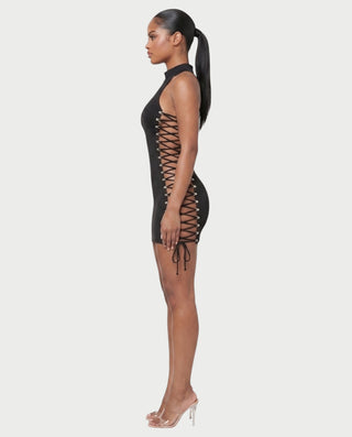 CALLARI Mock Neck Lace-Up Side Bodycon Mini Dress