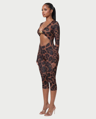 ROSABEL Leopard Print Cut-Out Capri Bodycon Romper