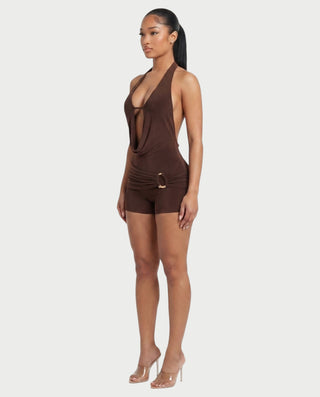 NISHKA Halter Draped Beaded Open-Back Romper