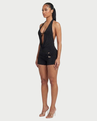 NISHKA Halter Draped Beaded Open-Back Romper