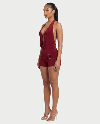 NISHKA Halter Draped Beaded Open-Back Romper