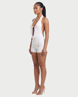 NISHKA Halter Draped Beaded Open-Back Romper