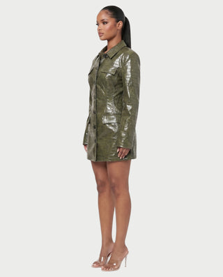 MIRLANA Croc-Embossed Collared Long Sleeve Mini Dress