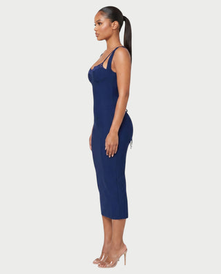 ELIZANA Lace Trim Lace-Up Back Midi Dress
