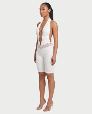 KIAMI Plunging Halter Lace-Trim Open-Back Romper