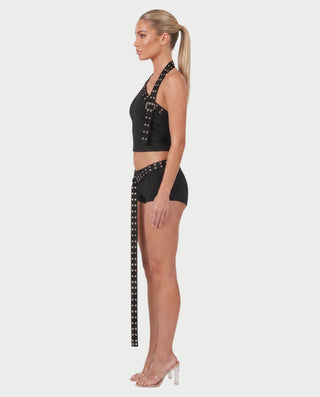OLIVETTE Studded Halter Top & Belted Shorts Set