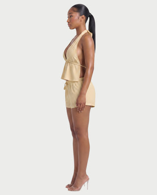 HARIYA Striped Halter Peplum Top & Shorts Set