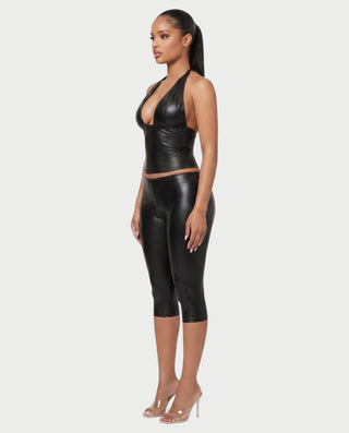 ALVIDA Faux Leather Plunge Halter Top & Capri Pants Set