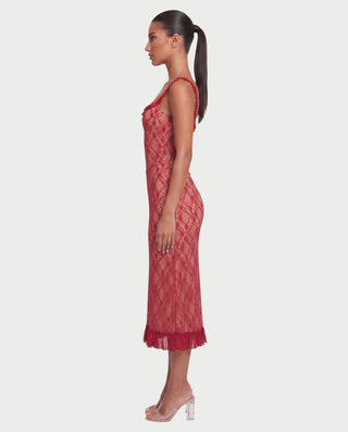 ADELISE Lace Mesh Ruffle Hem Midi Dress