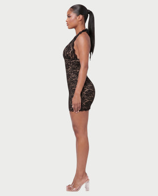 NERVA Plunge Lace Bodycon Halter Mini Dress