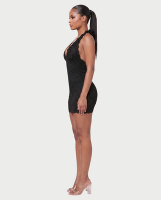 NERVA Plunge Lace Bodycon Halter Mini Dress