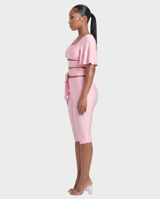 REMINA Three-Piece Square Neck Wrap Sash & Capri Pants Set