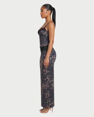 YVE Leopard Print Lace Bustier Top & Maxi Skirt Set