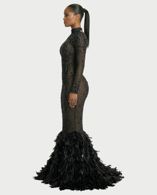 SOSANE Diamond High-Neck Feather Mermaid Maxi Dress