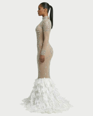 SOSANE Diamond High-Neck Feather Mermaid Maxi Dress