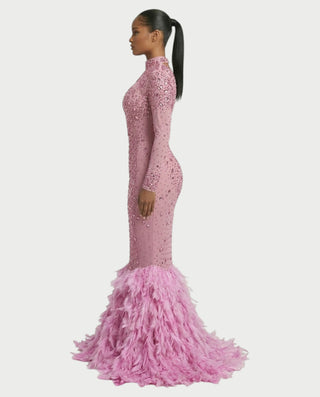SOSANE Diamond High-Neck Feather Mermaid Maxi Dress