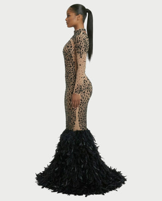 SOSANE Diamond High-Neck Feather Mermaid Maxi Dress