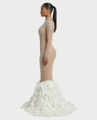 SOSANE Diamond High-Neck Feather Mermaid Maxi Dress
