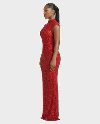 MORIA Crystal High-Neck Bodycon Maxi Dress